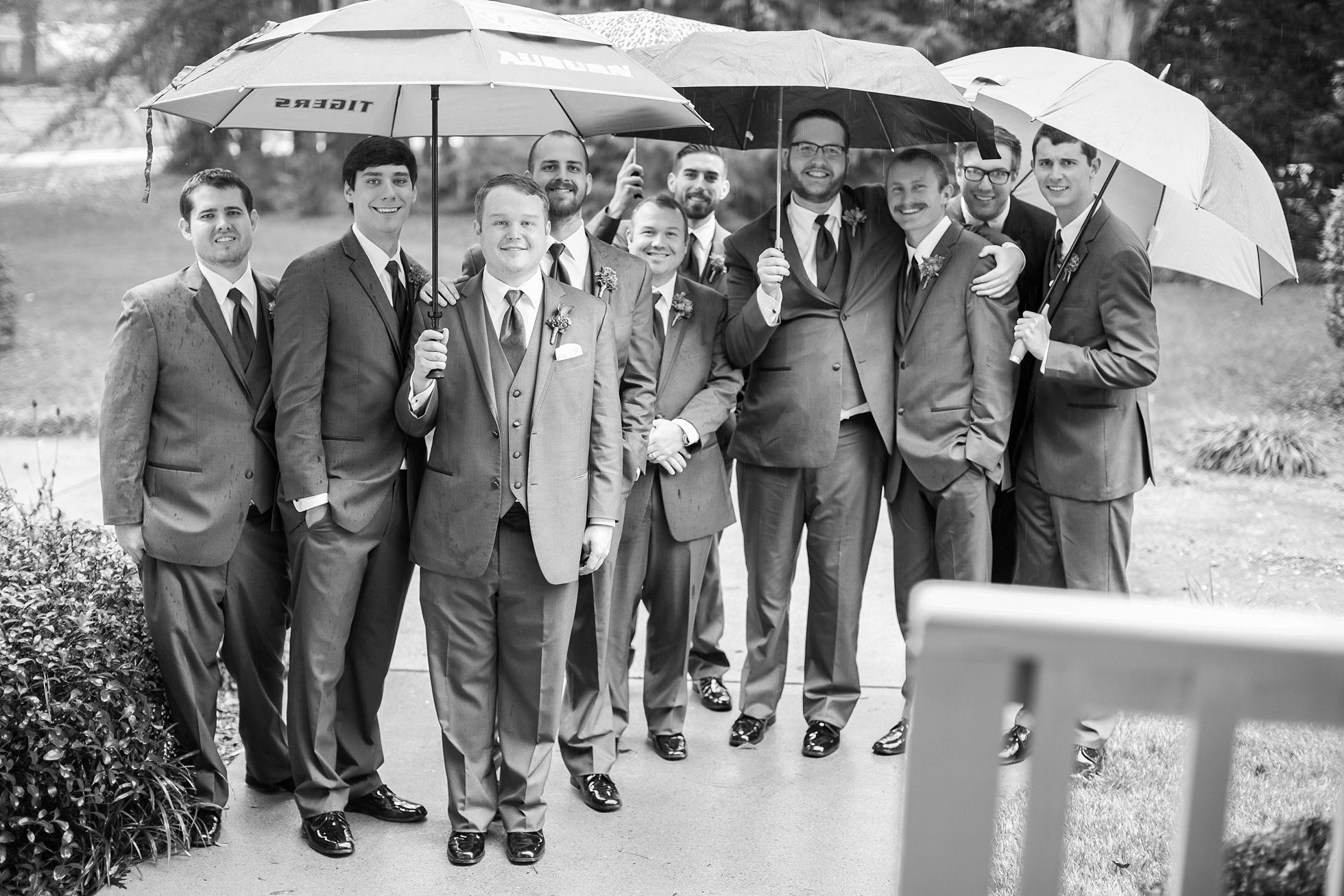 rainy wedding groomsmen