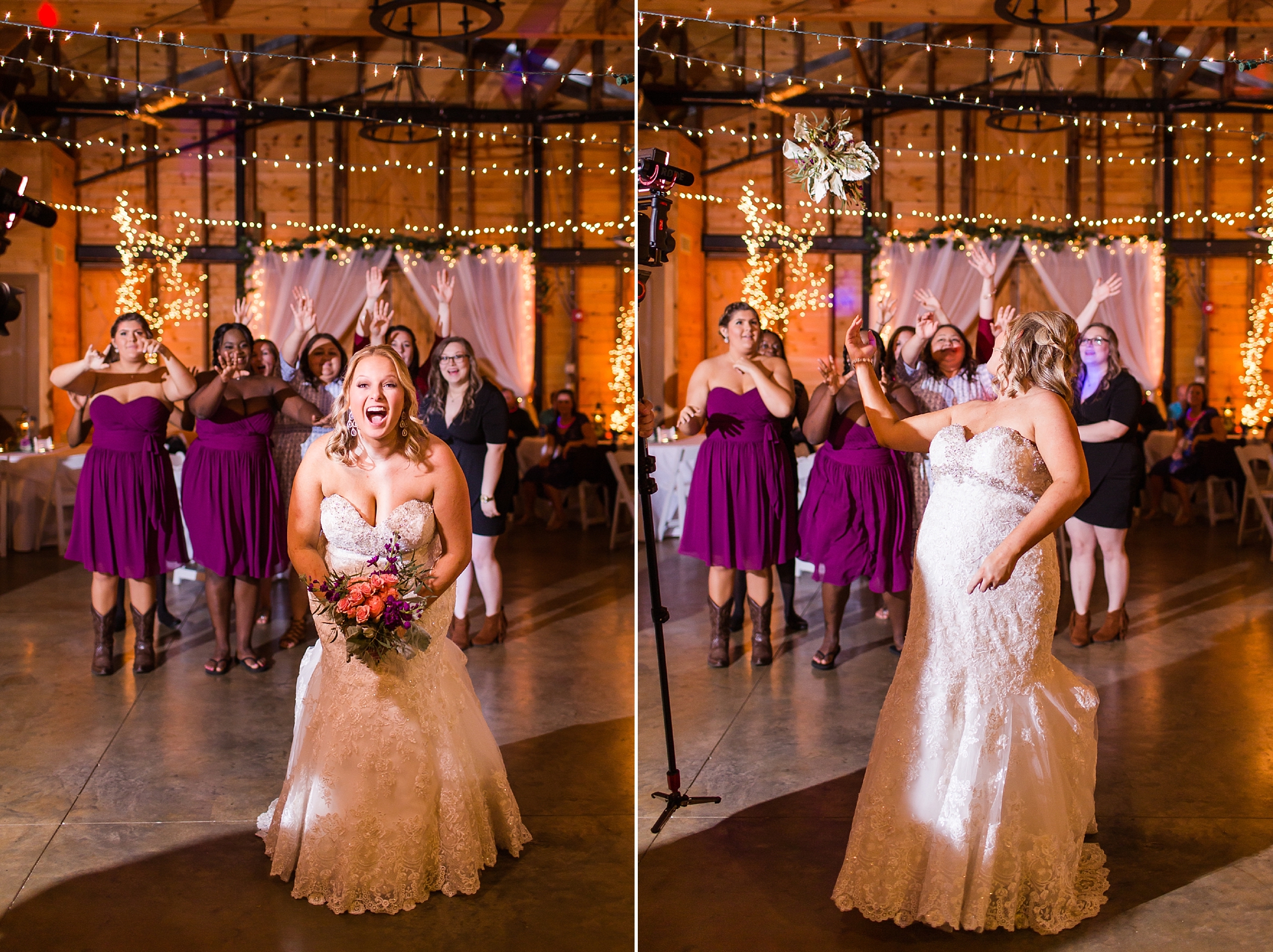 bouquet toss wedding barn