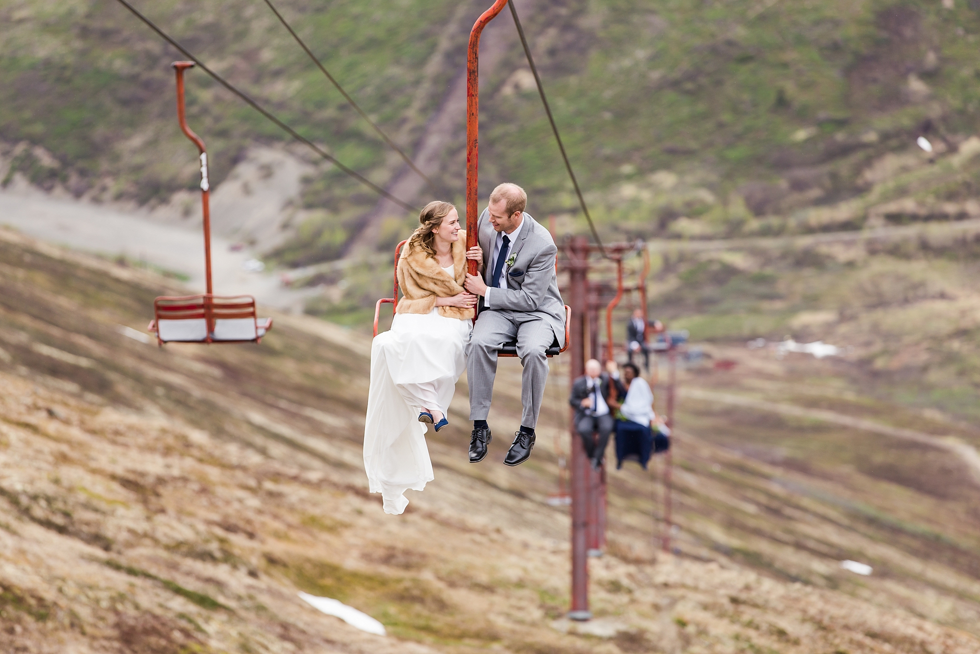 ski lift wedding photos mountains alaska