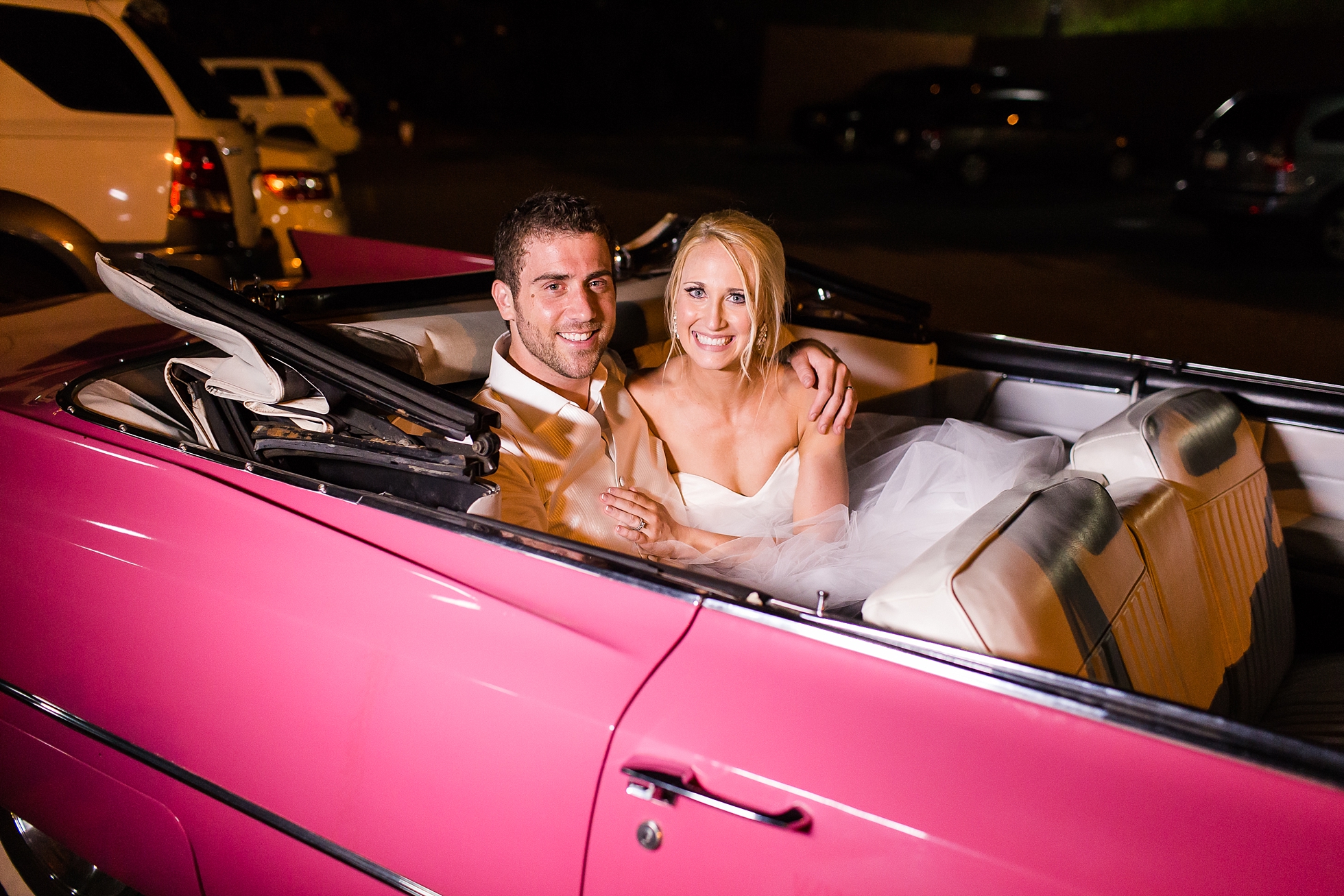 pink car wedding exit getaway