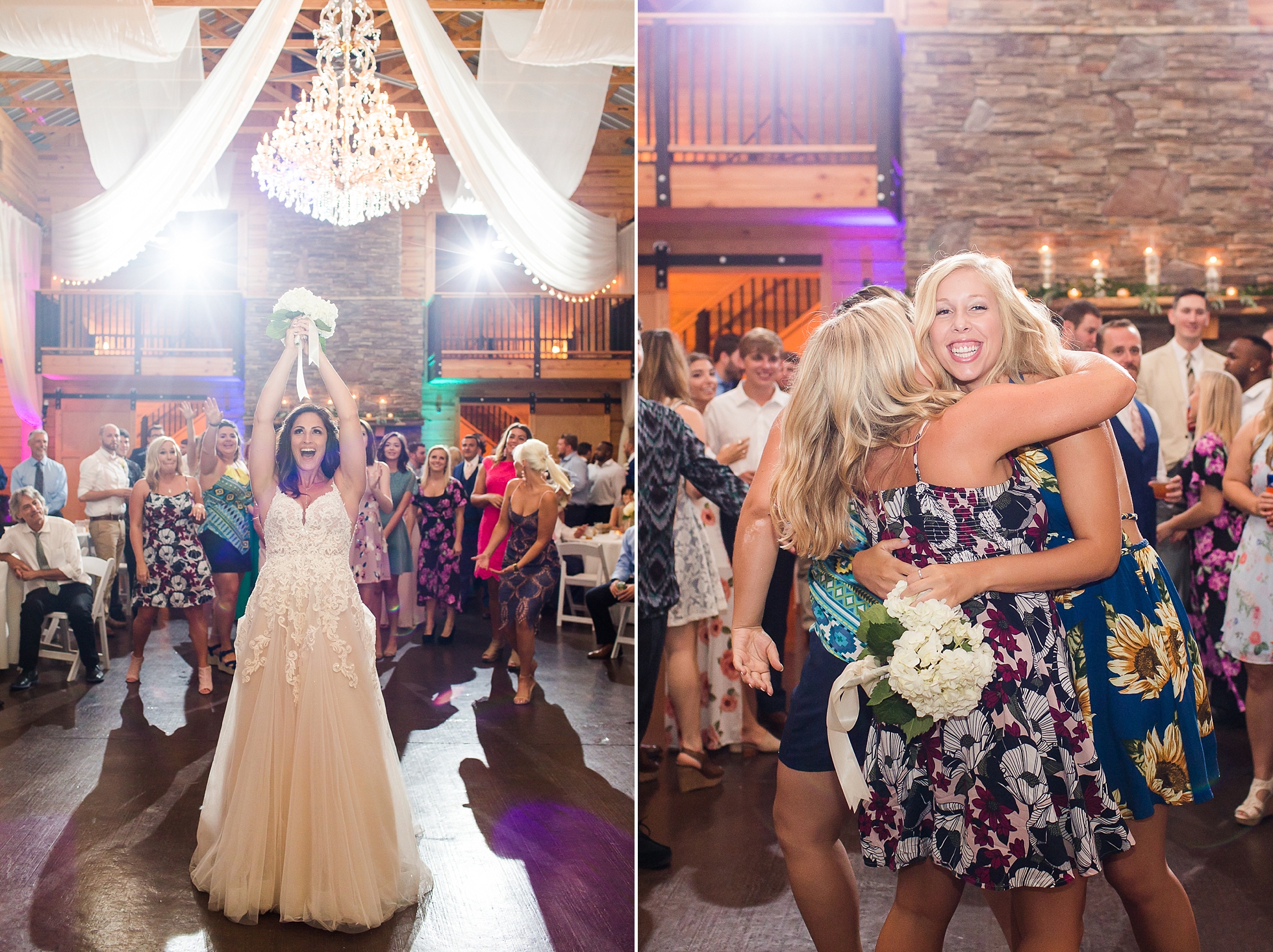 bouquet toss wedding barn