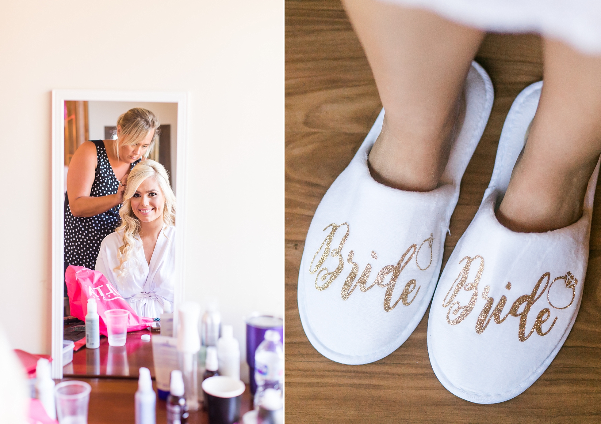 bride getting ready slippers