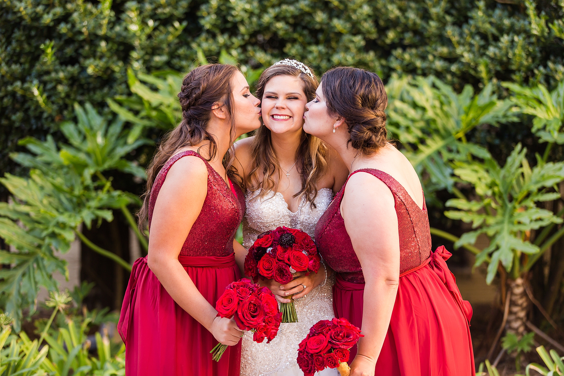 bridesmaids red dresses wedding