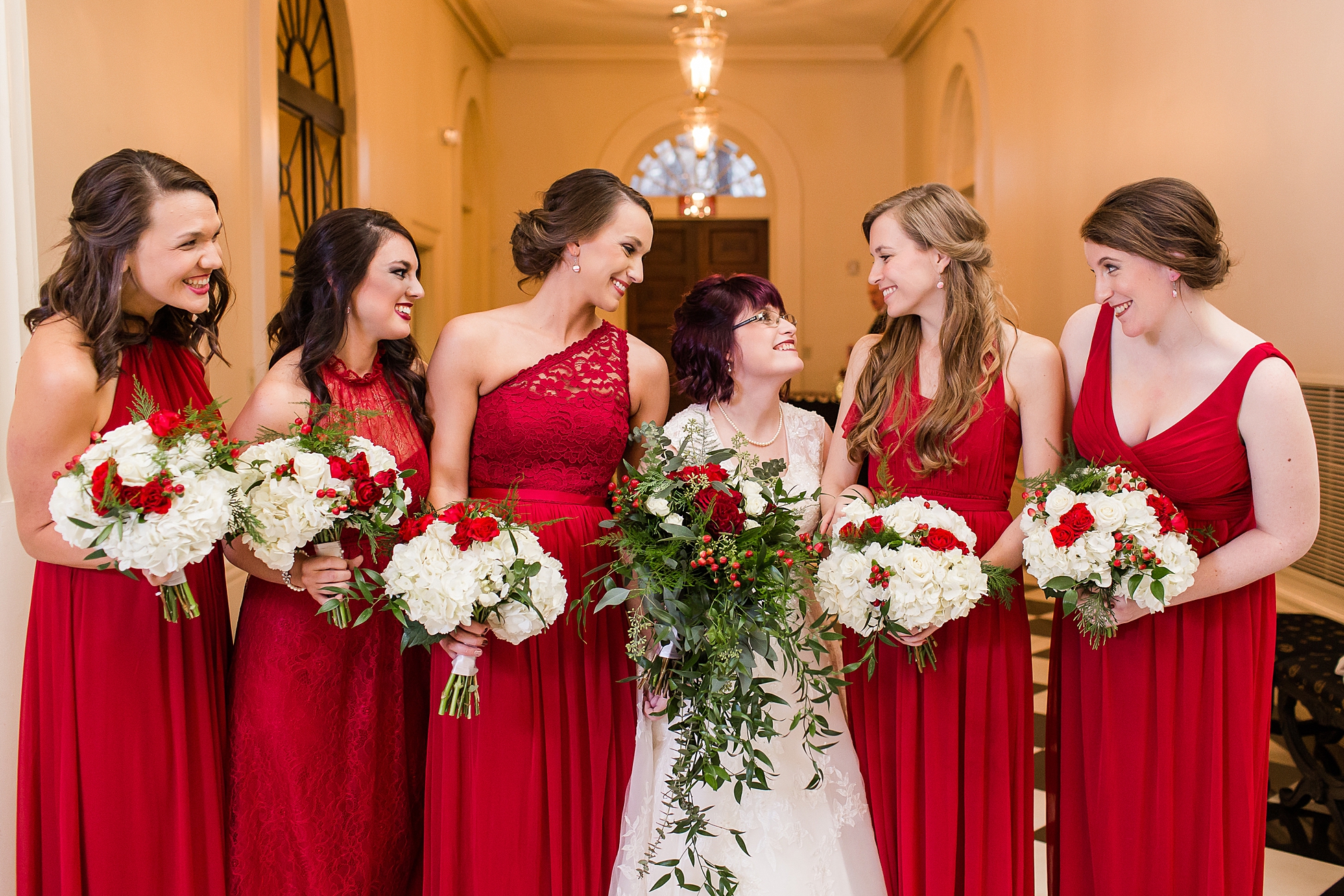 bridesmaids red christmas atlanta ballroom