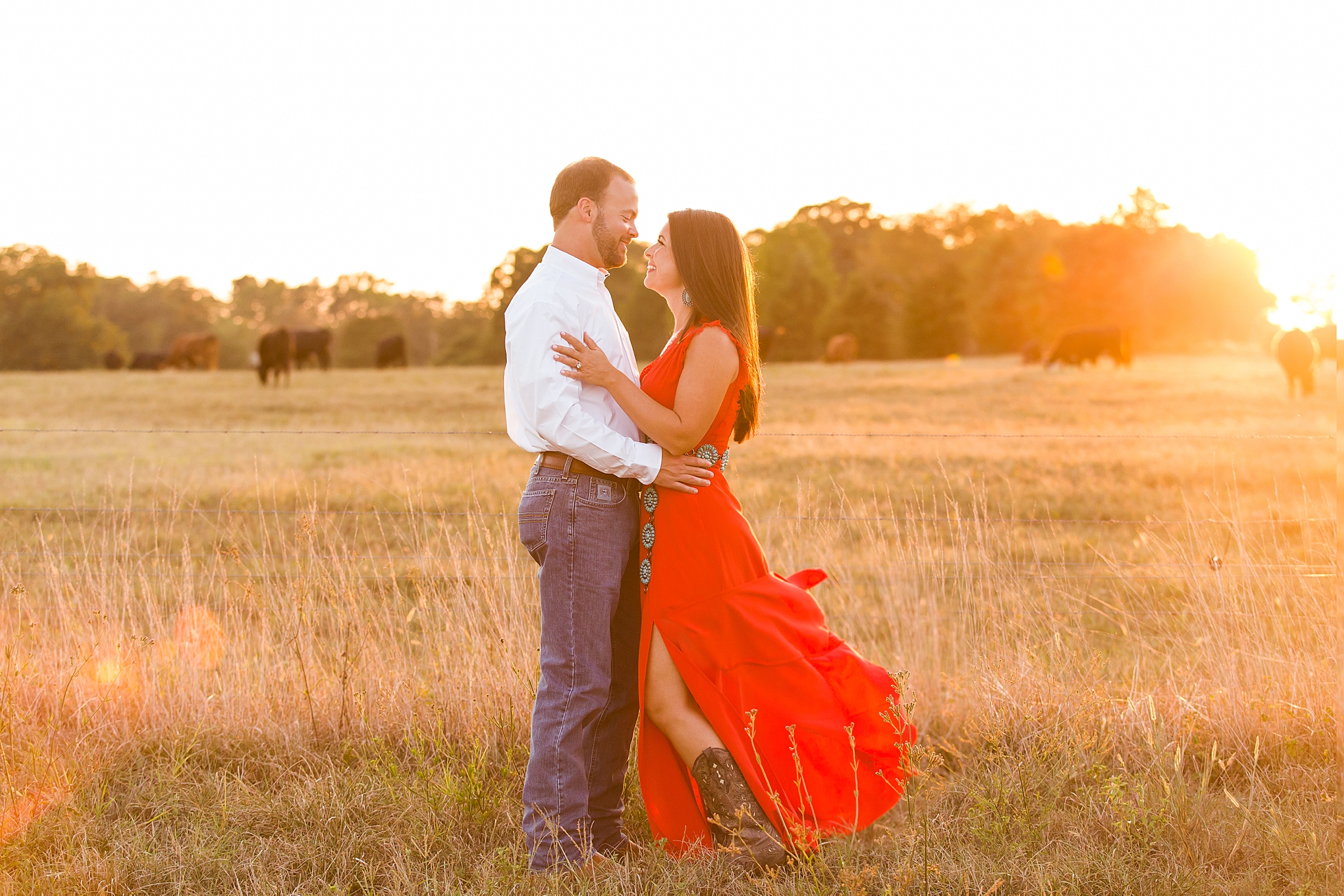 red dress sunset romantic engagement