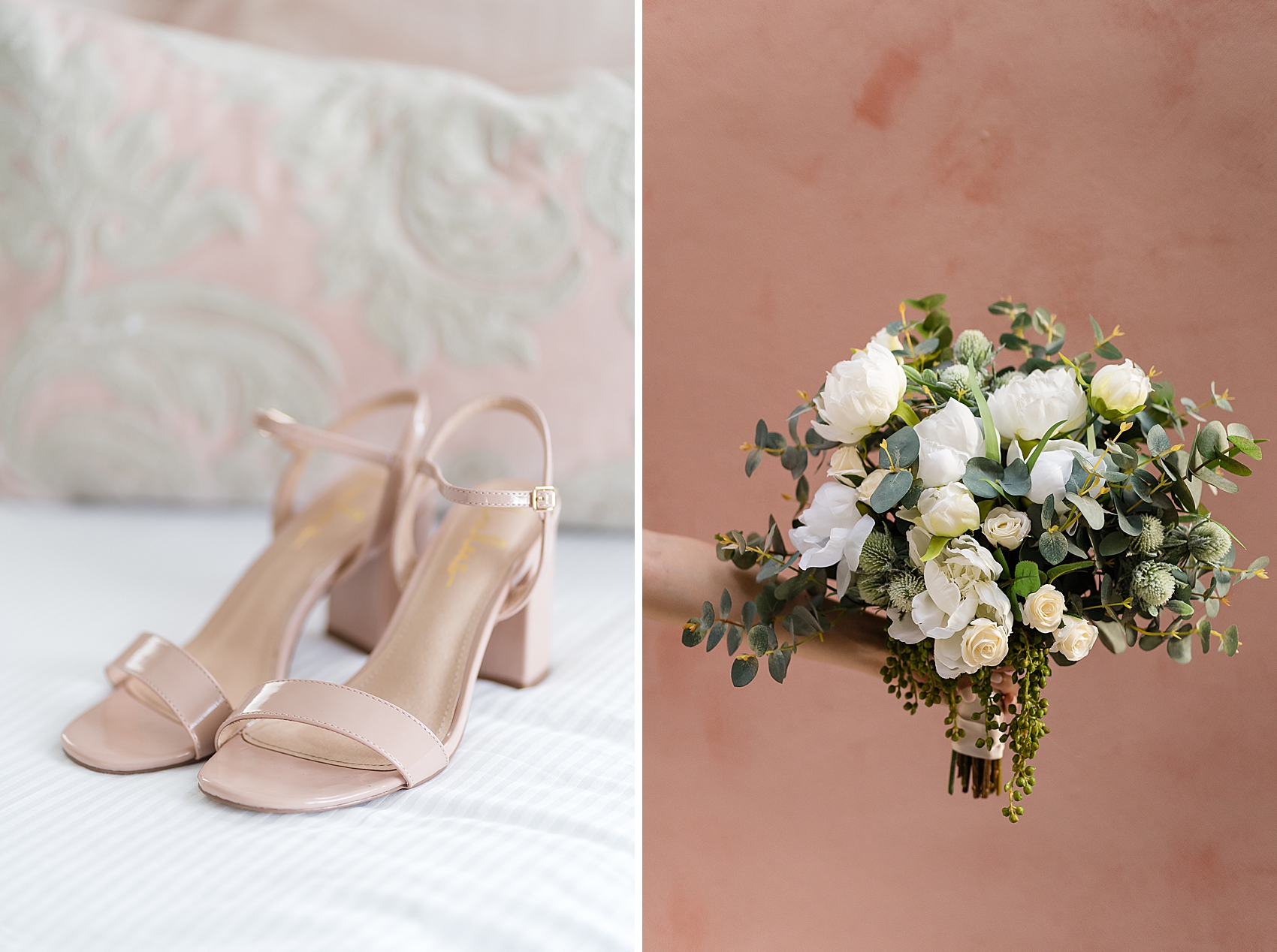 pink wedding details bouquet shoes