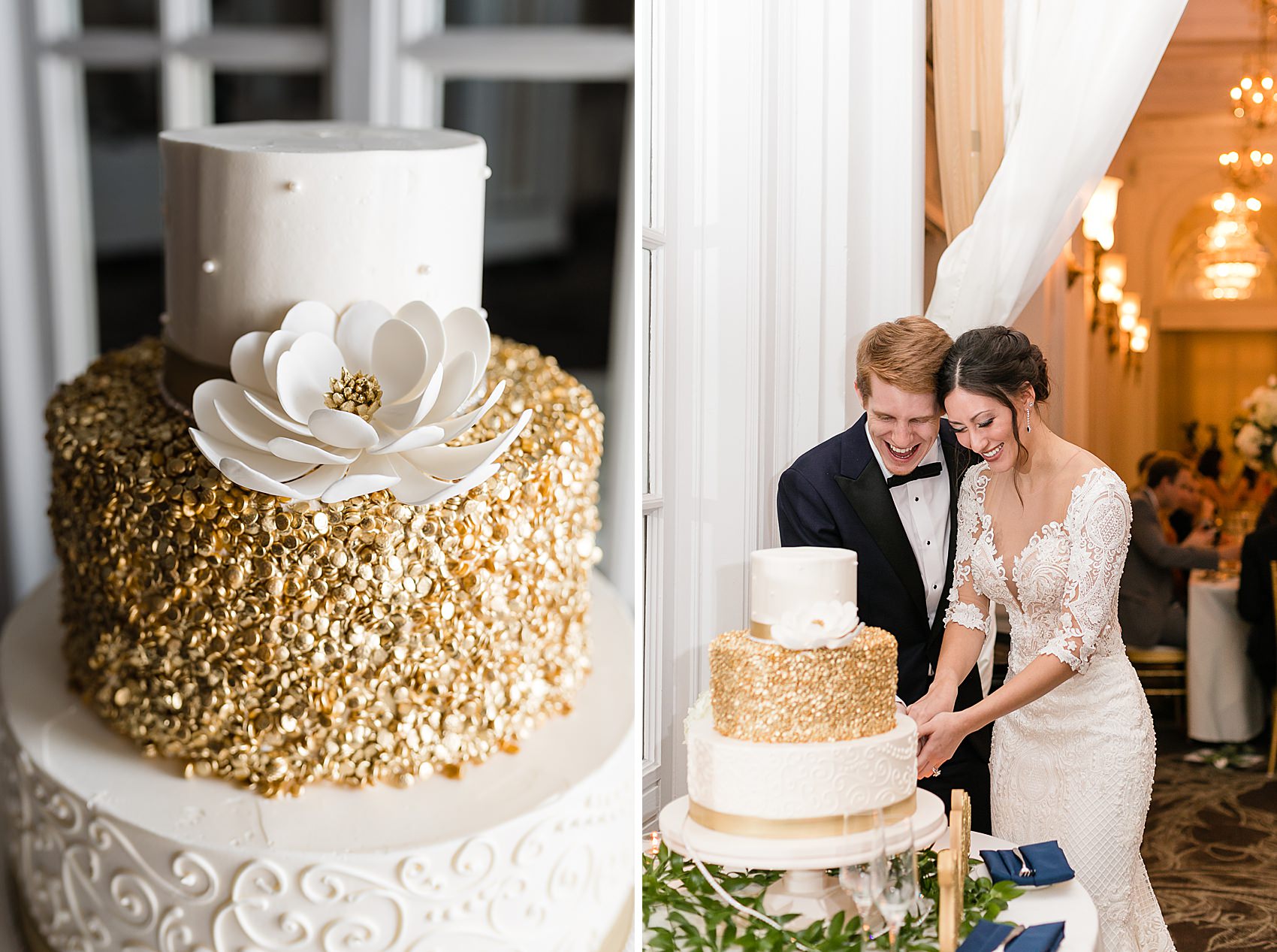 cake cutting gold classic ballroom wedding