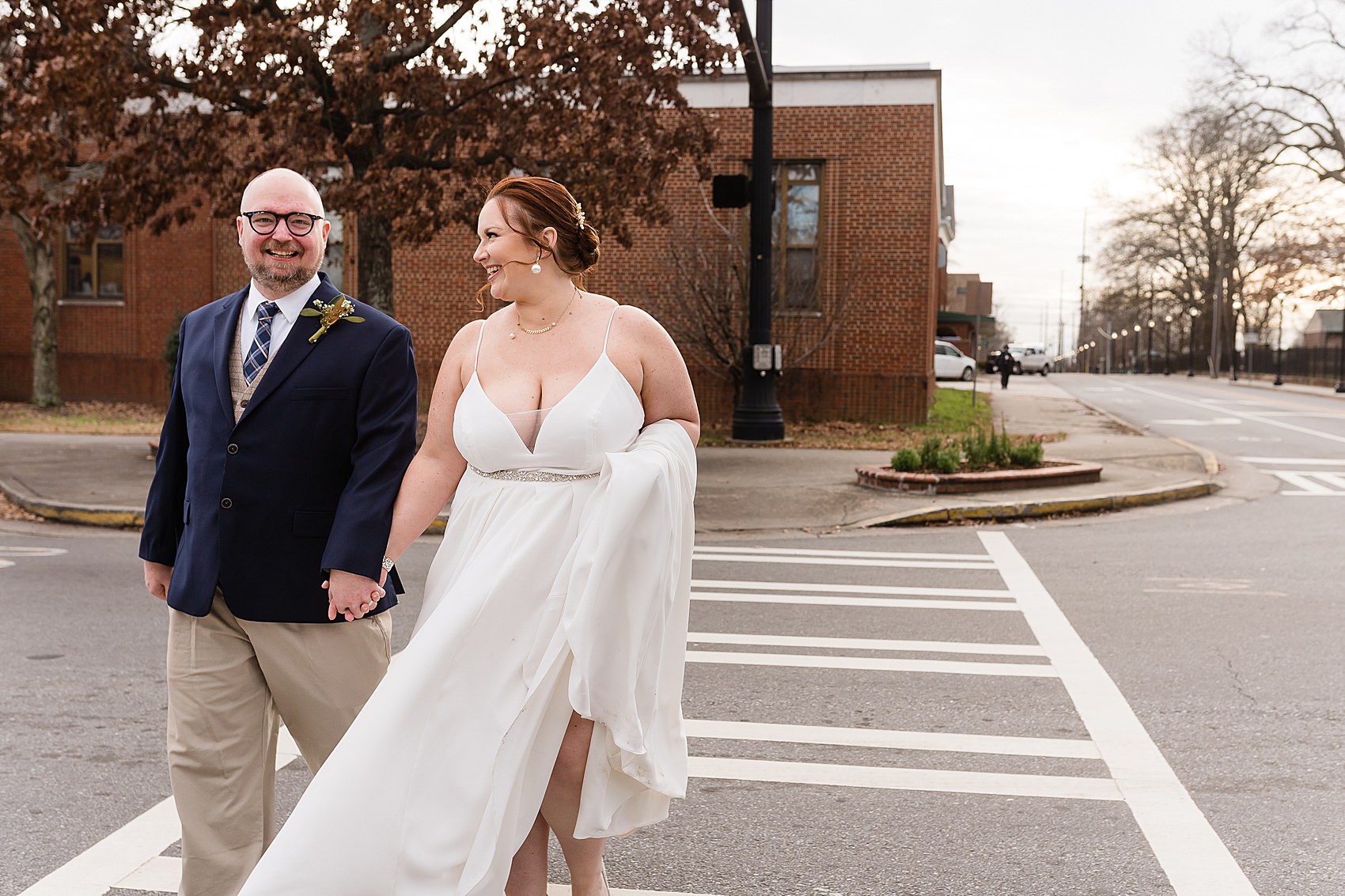 bride groom crossing street crosswalk