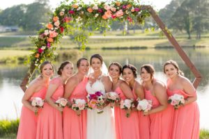 pink bridesmaids dresses lake