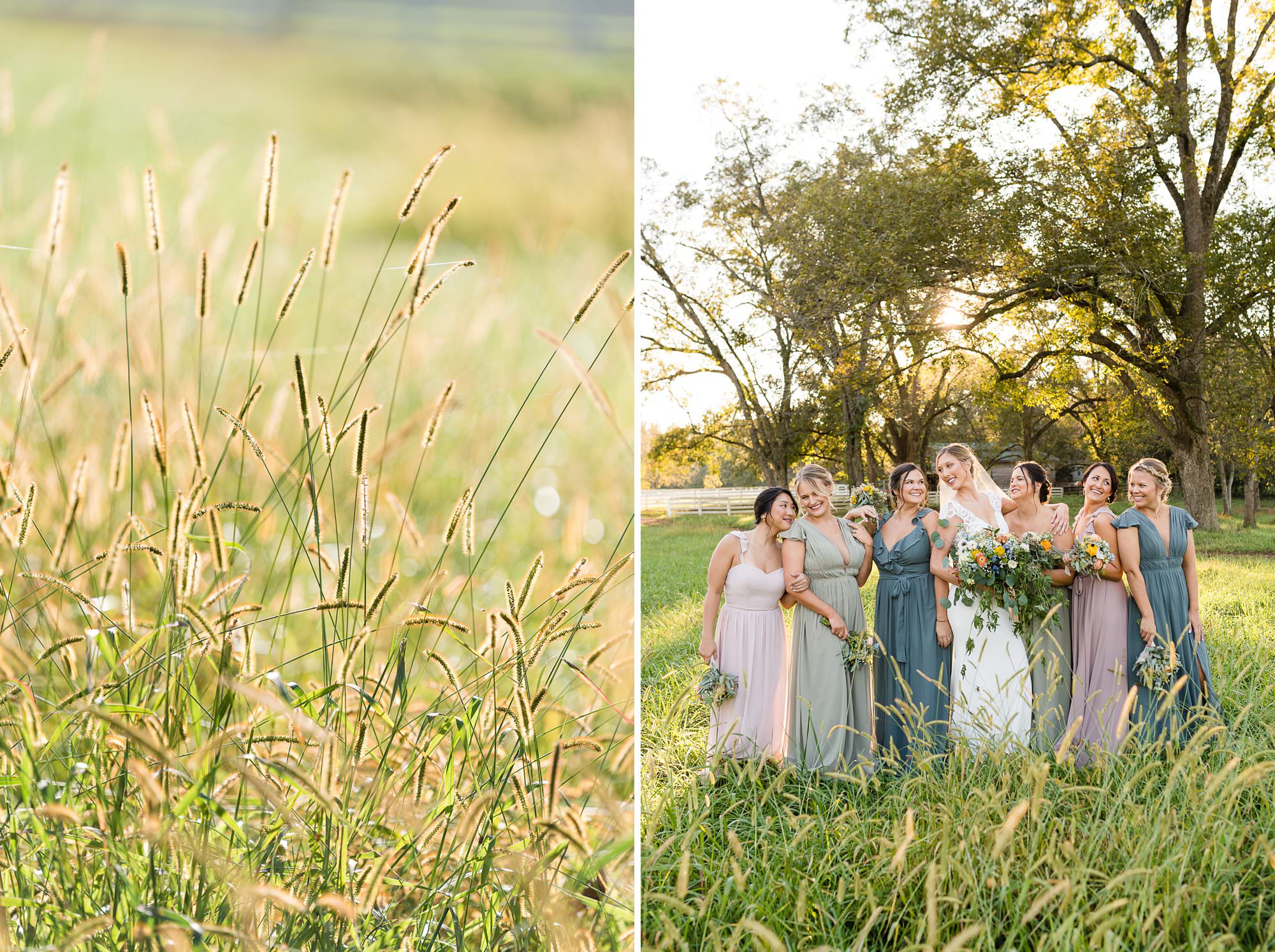 field golden sunset mismatched bridesmaids dresses