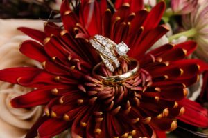 wedding rings on bouquet