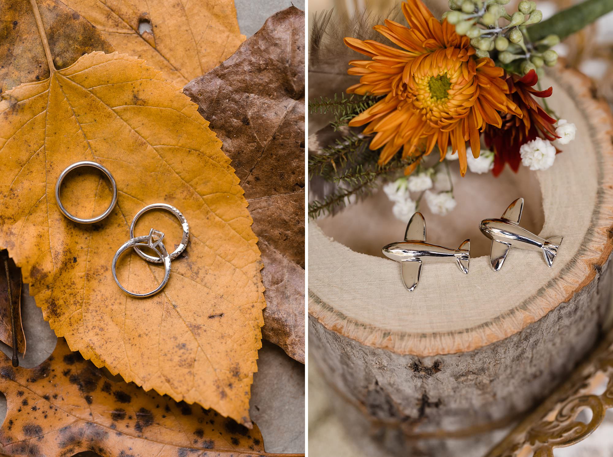 fall wedding details leaves rings