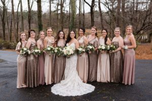 mismatched gold sequin bridesmaids dresses