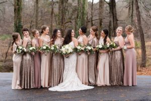 mismatched gold sequin bridesmaids dresses