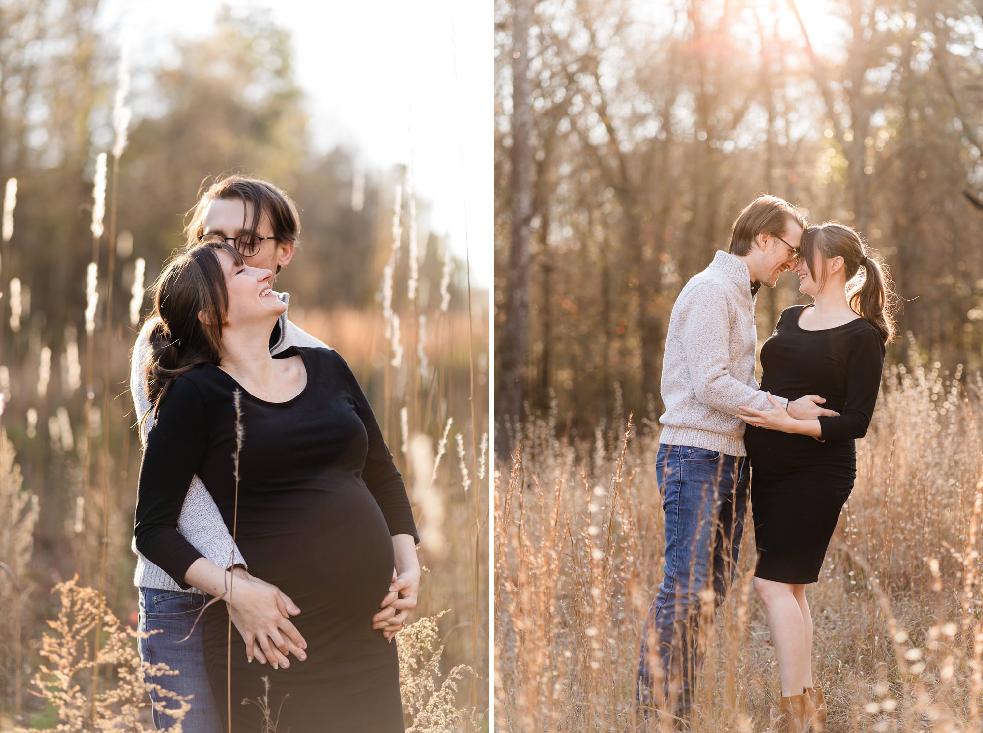 golden hour field couple maternity
