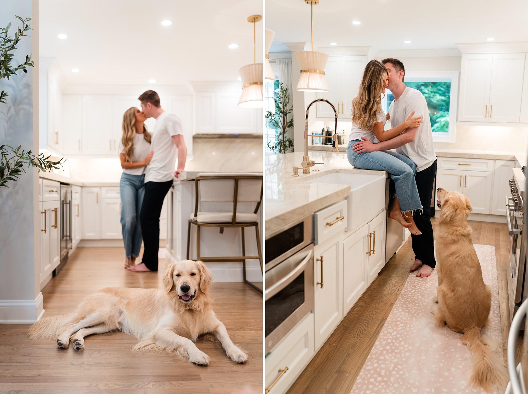 couple home lifestyle dog kitchen engagement