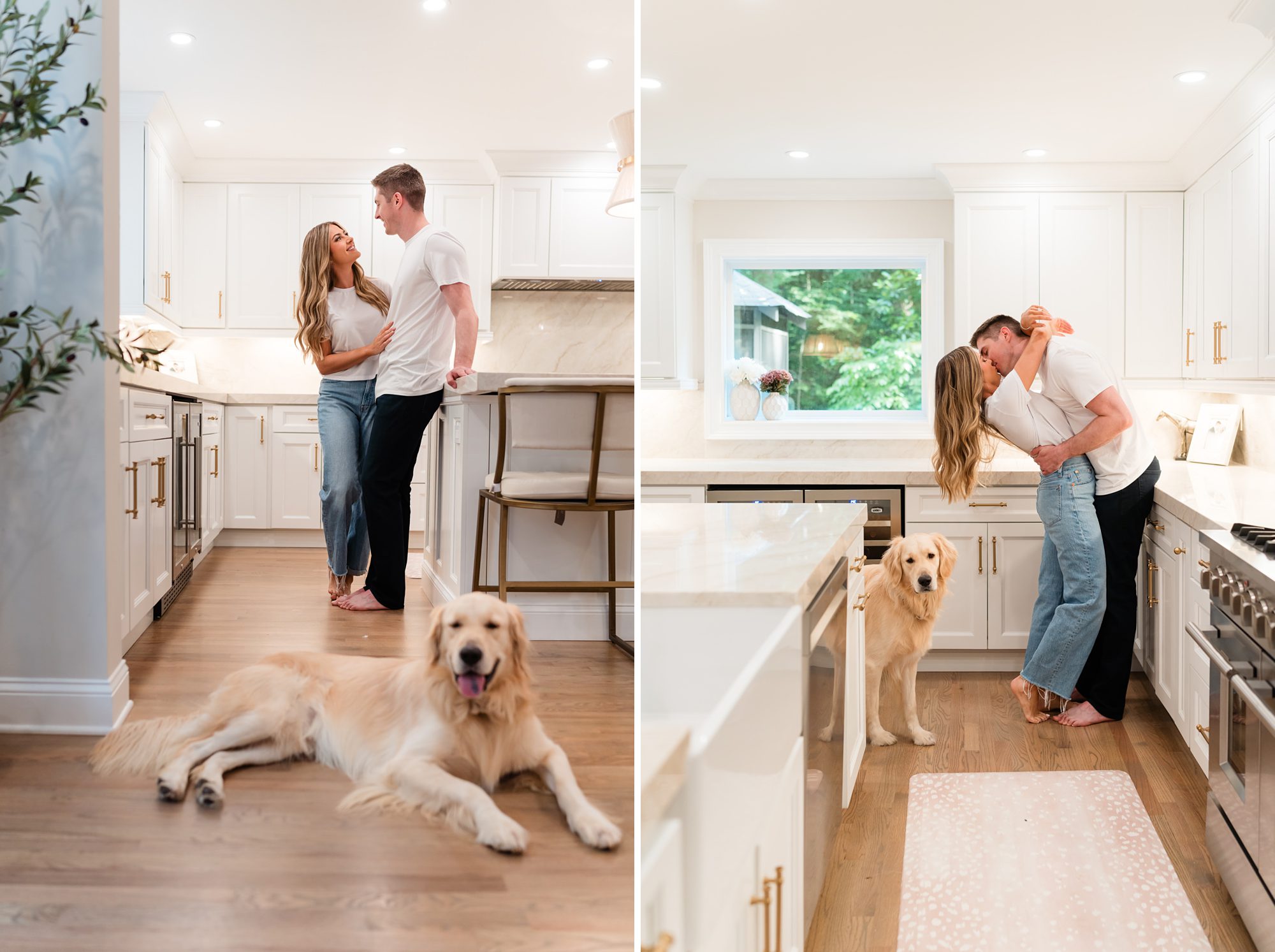 couple home lifestyle dog kitchen engagement
